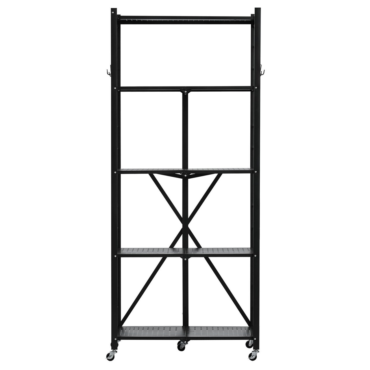 Black Carbon Steel 5 Tier Folding Garage Storage Shelf with Casters and J-Hooks